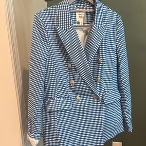 Blue and White Checkered Blazer with Notched Lapels